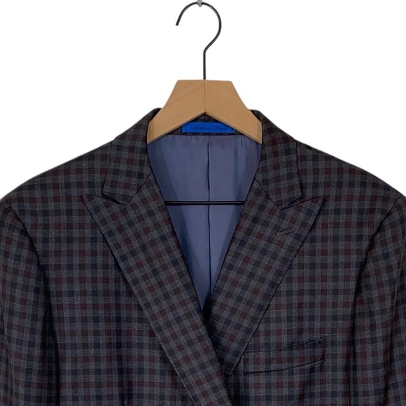 BluJacket Gray/Navy/Burgundy Plaid 100% Wool “Cliff” Double Breasted Sport Coat. - Picture 1 of 12
